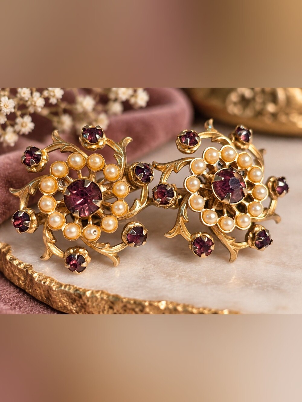 Vintage Gold Tone Floral Brooch Pin Set – Pearl & Deep Brown Plum Rhinestones